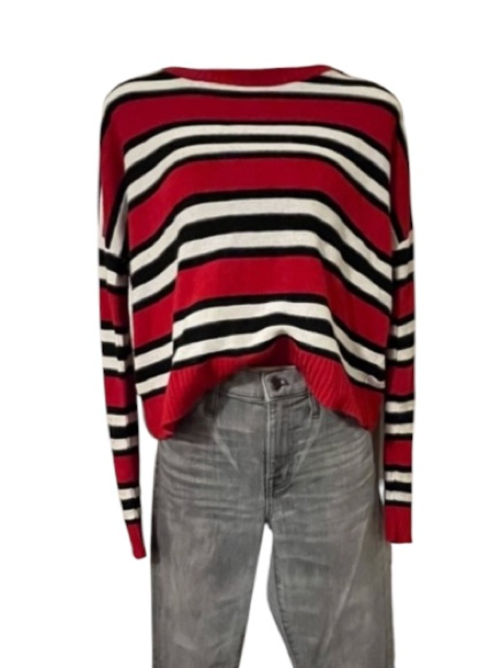 Serendipity Red White Black Striped Cropped Long Sleeve Sweater Sz M